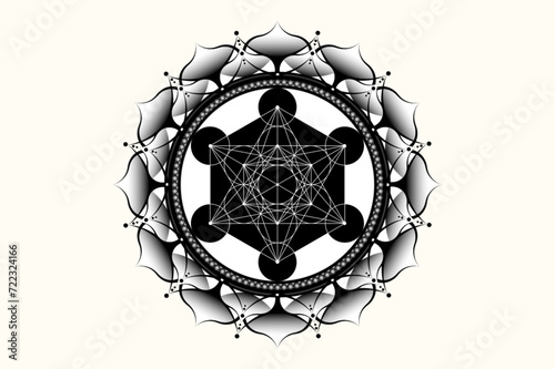 Sacred mandala of Metatrons Cube, Mystical Flower of Life. Sacred geometry, graphic element Vector isolated Illustration. Mystic lotus icon platonic solids, geometric drawing, typical crop circles
