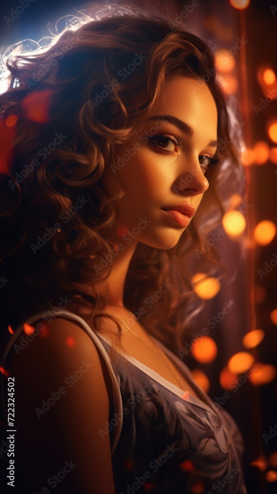 A woman with curly hair and a grey dress looks off to the side. She is surrounded by orange fairy lights.