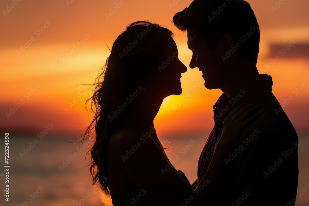 A couple's passionate kiss under the sunset sky on the beach, captured in a stunning silhouette against the backlighting of the clouds, evoking feelings of love, romance, and nature