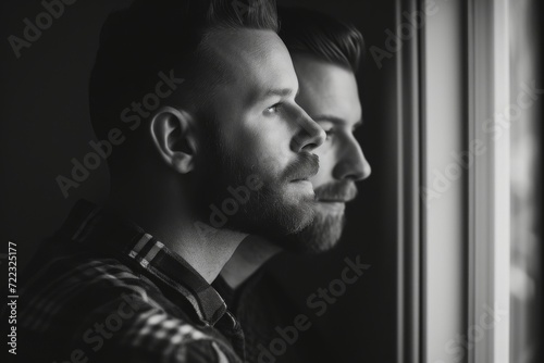 A contemplative man gazes out the window, his monochrome portrait highlighting the sharp lines of his jaw and forehead, his piercing gaze framed by a thick beard and raised eyebrow, as he stands in h photo