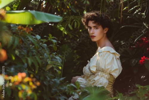 A lone woman, adorned in a flowing dress, stands amongst the trees, her human face reflecting the tranquility of the outdoor surroundings as she plucks a ripe fruit from a nearby plant in this ethere