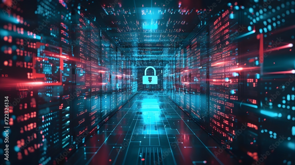 Fototapeta premium Digital Security Concept: Futuristic Data Center with Encrypted Lock Visualization