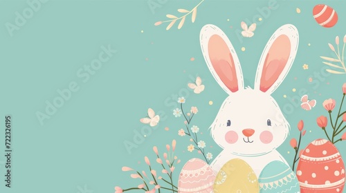 Easter card. Bunny with decorated eggs with copy space