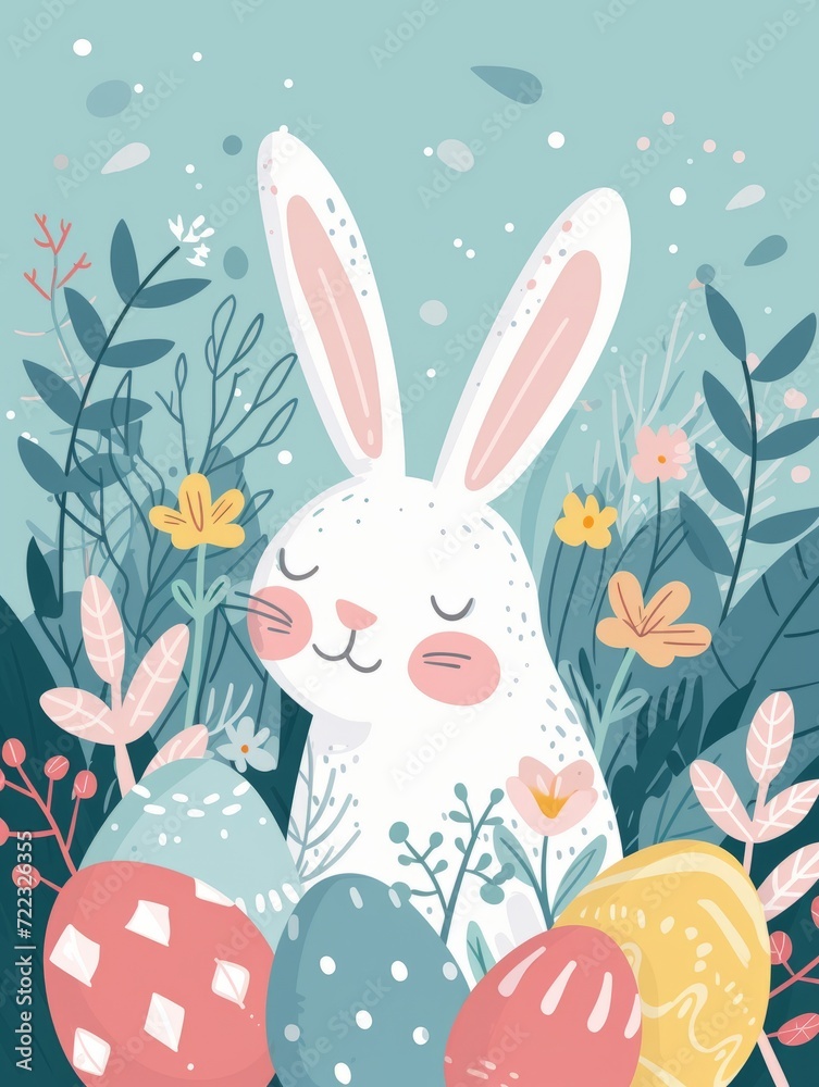 Easter card. Rabbit in the grass with decorated eggs Easter card. Rabbit in the grass with decorated eggs
