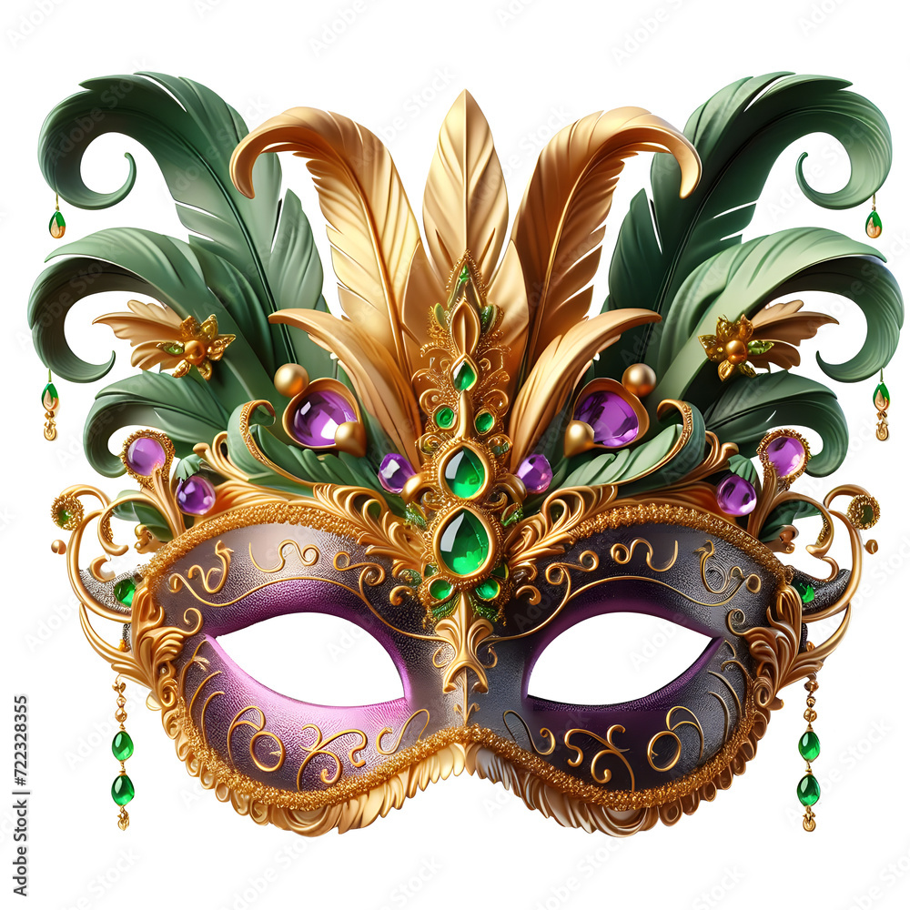 festival happy mardi gras Carnival elegant golden party face mask with diamond and  feather 3d illustration front view isolated on transparent background