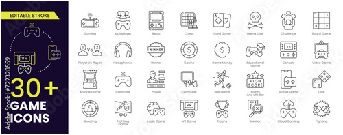 Game Editable Stroke icon set. Gaming icon elements containing points and life bars, VR Games, Cloud Gaming, console, player, chess, multiplayer, casino and mobile game icons. Stroke icon collection. photo