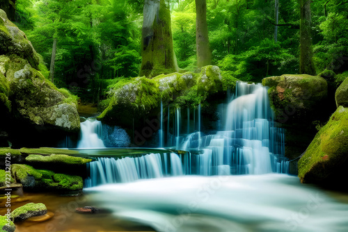 Waterfall and stream in the forest and jungle with mountain, garden in the park, summer
