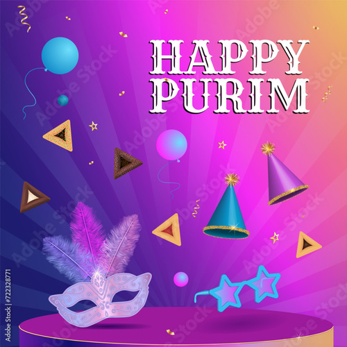 Happy Purim, Jewish holiday Masquerade Carnival masks with feathers, sparkles, golden serpentine, 3d objects on purple background Vector illustration.