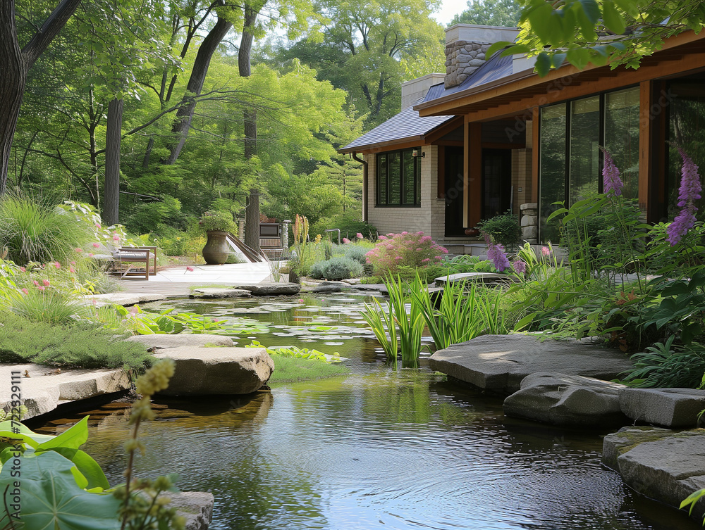 A Photo Of A Home With A Natural Pond For Rainwater Collection And Wildlife