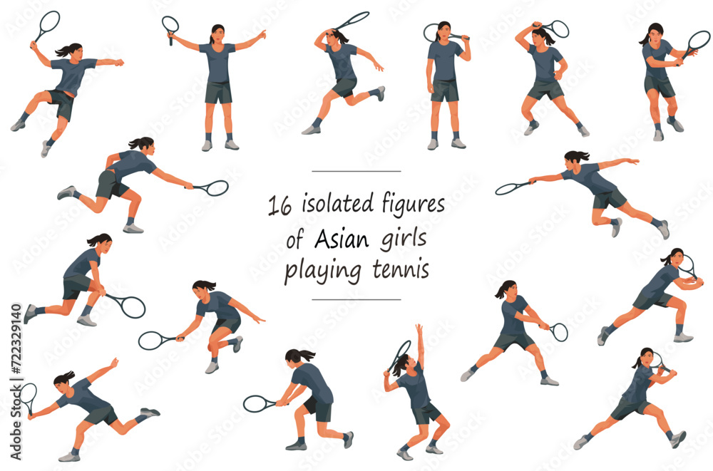 16 figures of Asian girls paying women's tennis in black T-shirts throwing, receiving, hitting the ball, standing, jumping and running