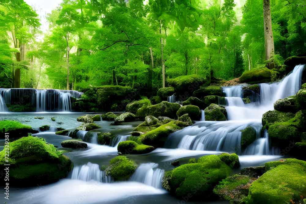 Naklejka premium Waterfall and stream in the forest and jungle with mountain, garden in the park, summer