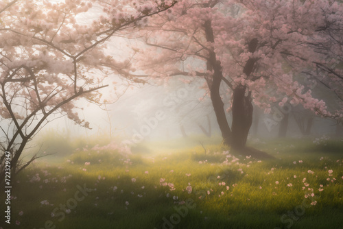 An everlasting spring scene where flowers bloom perpetually  and a gentle breeze carries the scent of blossoms through the air
