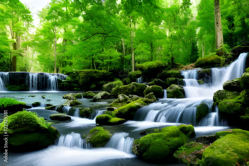 Waterfall and stream in the forest and jungle with mountain, garden in the park, summer © ABDULLAH