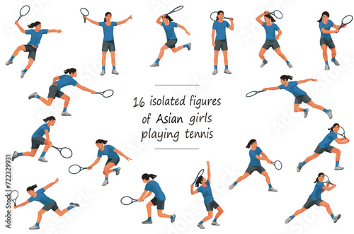 16 figures of Japanese women's tennis players in blue T-shirts serving, receiving, hitting the ball, standing, jumping and running