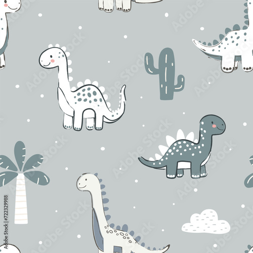 Seamless pattern with cute dinosaur in pastel colors.