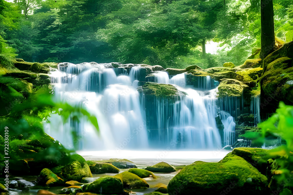 Waterfall and stream in the forest and jungle with mountain, garden in the park, summer