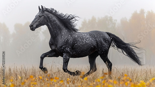 Galloping shiny black Andalusian stallion isolated on white background.