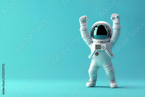 Fröhlicher Cartoon Astronaut in Siegespose auf blauem Hintergrund mit viel Platz für Text. Minimalistischer 3D Weltraum Hintergrund photo