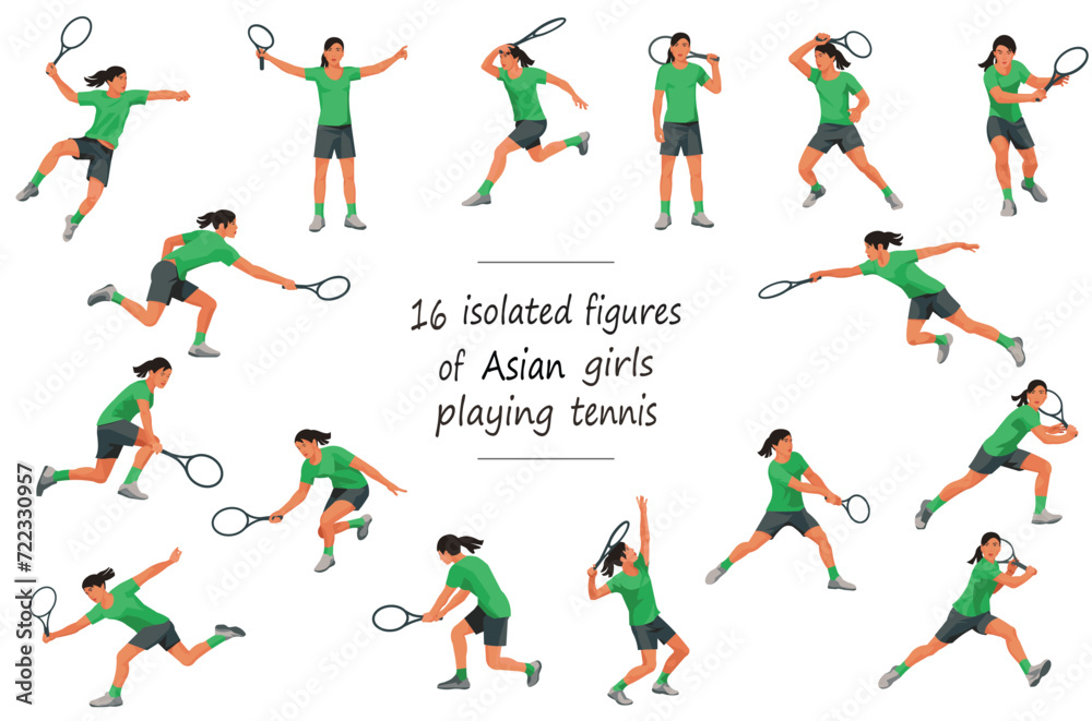 16 girl figures of Korean women's tennis players in green T-shirts throwing, catching, hitting the ball, standing, jumping and running