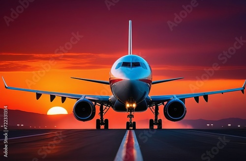 Passenger plane is landing during a wonderful sunset. Landscape with passenger airplane is flying over the asphalt road and cloudy sky. Commercial plane is landing. Copy space banner