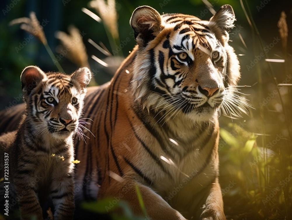 photograph of a tigress playing with her cubs in a clearing in the forest, multiple exposure from different angles Nikon D200 with 10mm lens, backlit, textured details, sharp edges
