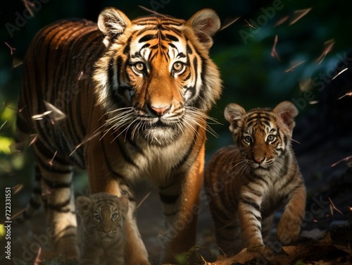 photograph of a tigress playing with her cubs in a clearing in the forest, multiple exposure from different angles Nikon D200 with 10mm lens, backlit, textured details, sharp edges