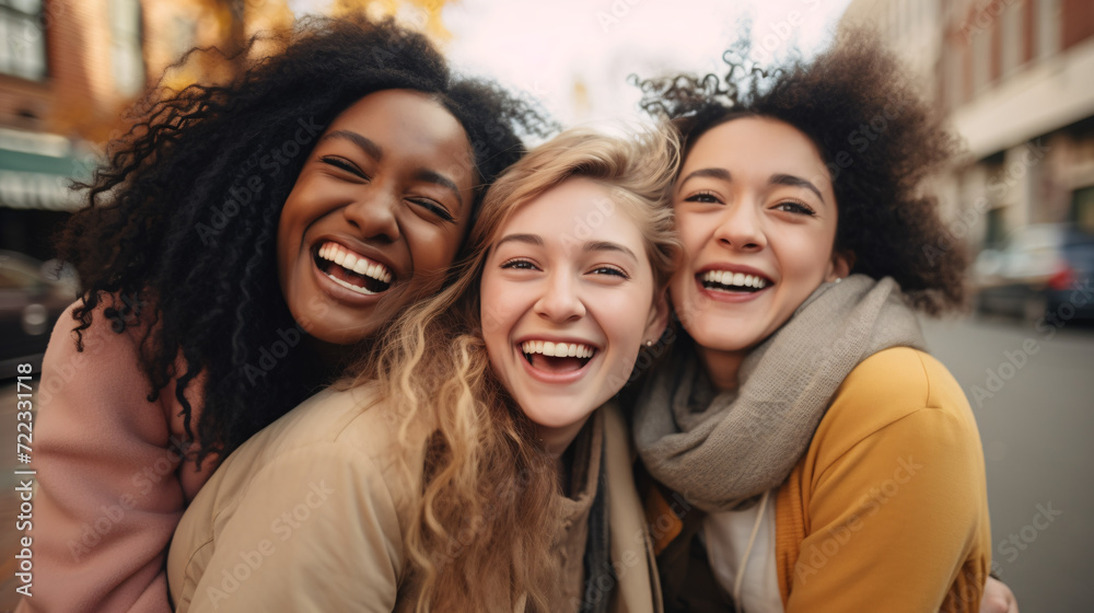 Fototapeta premium Cheerful multiethnic women laughing and looking at camera in city
