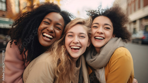 Cheerful multiethnic women laughing and looking at camera in city