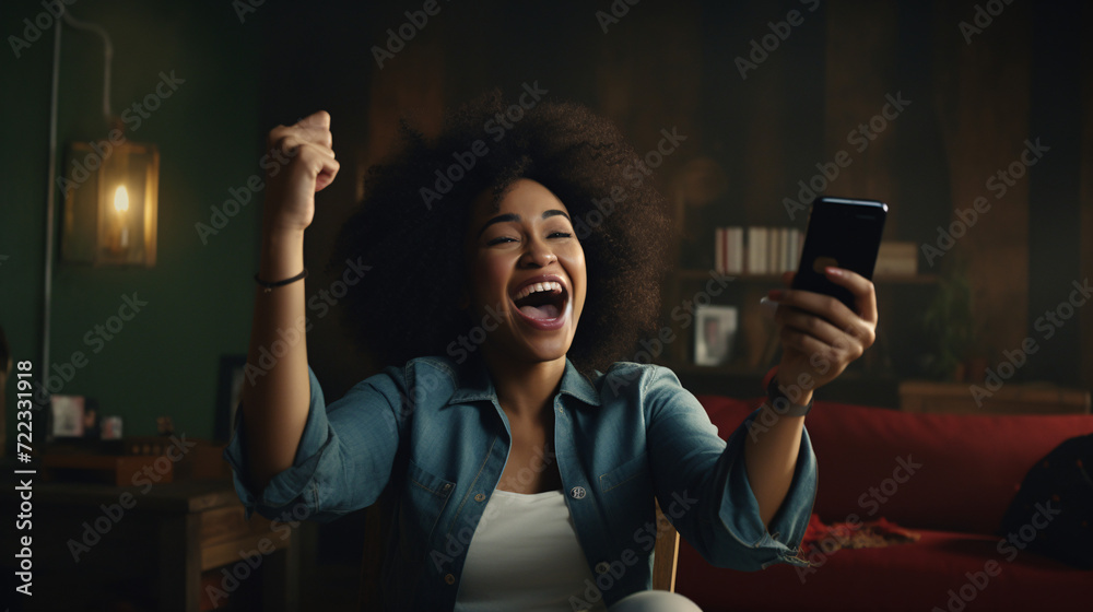 Excited african american woman using mobile phone and celebrating success at home - obrazy, fototapety, plakaty 
