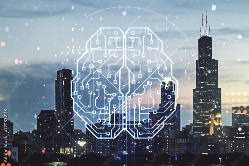 Double exposure of creative artificial Intelligence interface on Chicago city skyscrapers background. Neural networks and machine learning concept