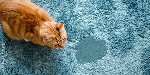 Katze sitzt neben Urinpfütze auf blauem Teppich photo