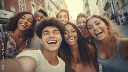 Group of friends taking selfie on the street. Group of young people having fun together.
