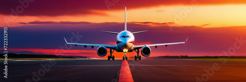 Passenger plane is landing during a wonderful sunset. Landscape with passenger airplane is flying over the asphalt road and cloudy sky. Commercial plane is landing. Copy space banner