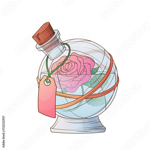 Hand-drawn vector illustration of glass flask with rose. Flower in glass flask. Use for design, poster, banner, card, decoration of floral shop, for Valentine's Day and wedding.