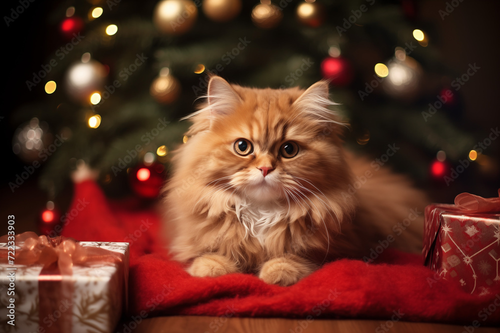 Fluffy Cat with Christmas Decorations and Gifts