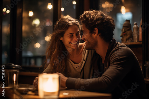 An intimate moment between a smiling couple  sharing happiness over a candlelit table in a cozy city cafe.