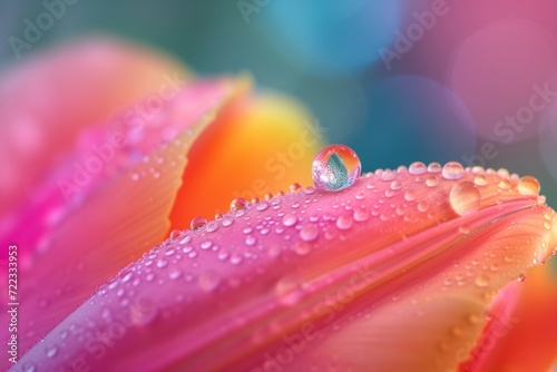 A Single Dewdrop Clinging to the Vibrant Pink Petal of a Tulip, Refracting Morning Sunlight into a Miniature Rainbow Spectrum - A Mesmerizing Macro or Close-Up View of Nature's Delicate Beauty