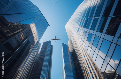 Airplane flying on business skyscrapers of financial center. Travel, economy, cargo transportation concept. Airplane flying over modern building glass of skyscrapers, Business concept of architecture photo