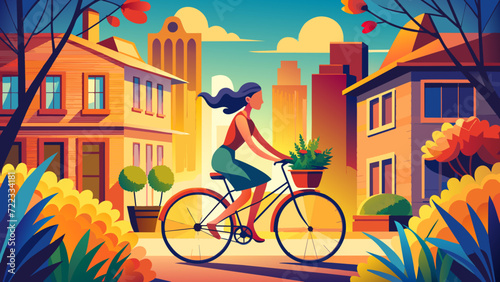 Girl rides a bicycle with flowers. Vector illustration design.