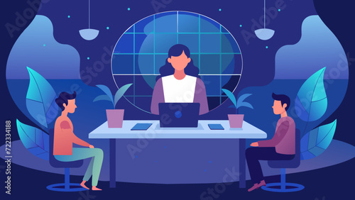 simple Vector Illustration art of Design a vector artwork featuring a young male and female startup founders conducting a virtual meeting with global team members. Showcase the integration of virtual