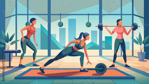 gym environment in a vector scene featuring women working out together, encouraging each other during weightlifting, or participating in group fitness classes.