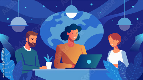 simple Vector Illustration art of Design a vector artwork featuring a young male and female startup founders conducting a virtual meeting with global team members. Showcase the integration of virtual