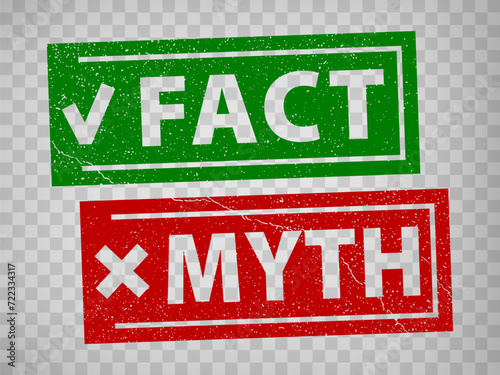 FACT and MYTH grunge rubber rectangular stamp isolated on transparent  background.  True or fiction with check mark and cross.  Green Fact and Red MYTH  stamps.  EPS10.  