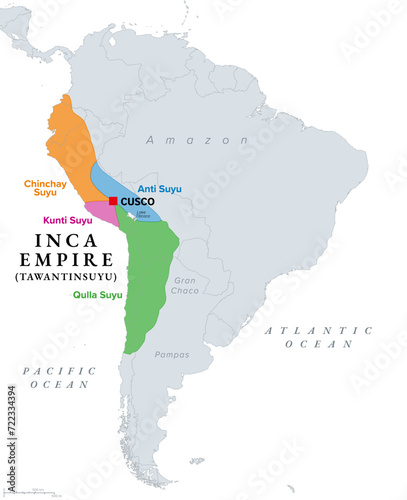 Inca Empire, Tawantinsuyu and its four parts, political map. The regional quarters of the Incan Empire are Chinchay, Anti, Kunti and Qulla Suyu. Their corners meeting at the center and capital Cusco.