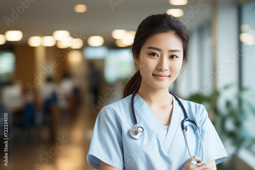 A young Asian nurse with a stethoscope around her neck stands confidently in a hospital corridor, embodying professionalism and care.
