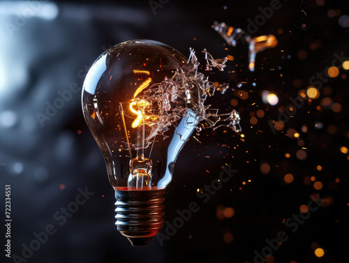 Exploding Light Bulb with sparks and fragments flying in Dark Room, copy space