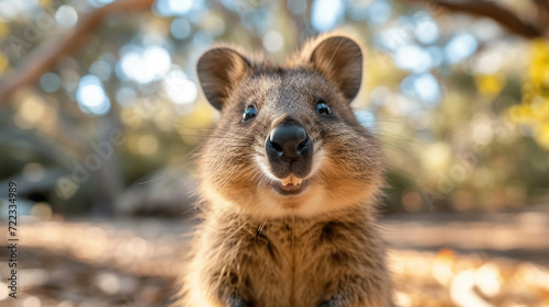 A cute smiling quokka is looking at the camera