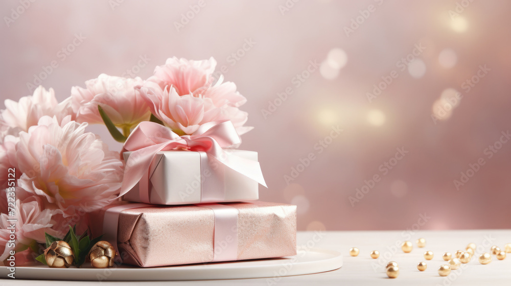 Gifts for March 8th, Mothers day, Pink Present boxes background, copy space Gifts for March 8th, Mothers day, Pink Present boxes background, copy space