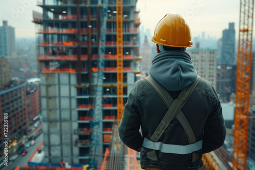 A Professional Architect, Standing on a Construction Site in Hard Hat and Boots, Gazing Intently at a Half-Built Skyscraper A Captivating Glimpse into the World of Work