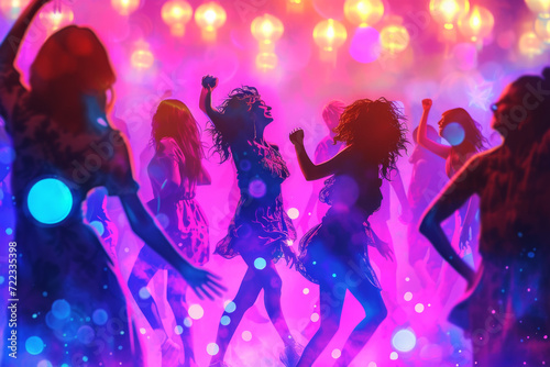 Euphoric Disco Dance Celebration Illustration. An illustration capturing the essence of a disco party with silhouetted figures dancing under vibrant lights.